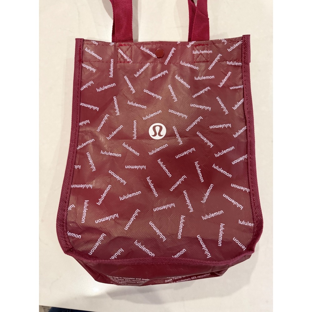 Lululemon Small Reusable Shopping Tote Bag Burgundy Maroon Logo Print Snap Top - Picture 2 of 5